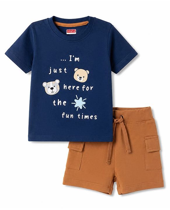 Babyhug 100% Cotton Single Jersey Knit Half Sleeves T-Shirt & Shorts Set With Bear Print - Navy Blue & Brown