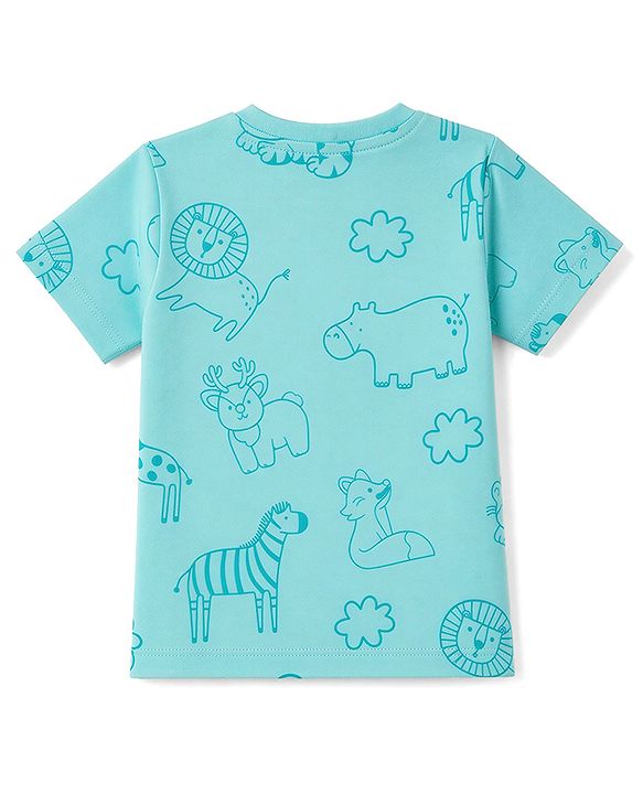 Babyhug 100% Cotton Single Jersey Knit Half Sleeves Text Embossed & Animals Printed T-Shirt & Shorts Set - Aqua