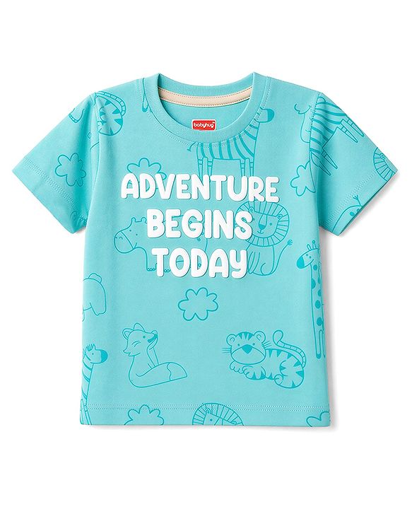 Babyhug 100% Cotton Single Jersey Knit Half Sleeves Text Embossed & Animals Printed T-Shirt & Shorts Set - Aqua