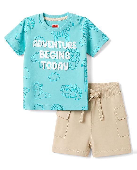 Babyhug 100% Cotton Single Jersey Knit Half Sleeves Text Embossed & Animals Printed T-Shirt & Shorts Set - Aqua