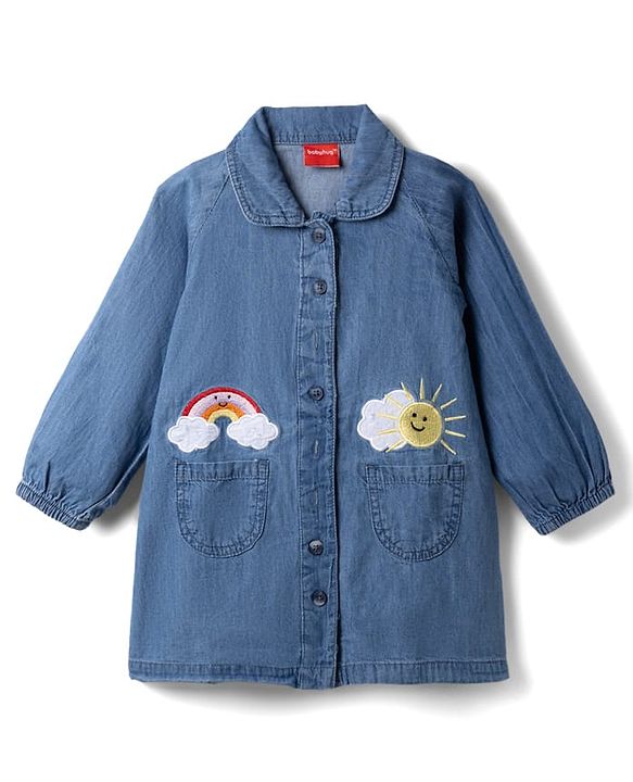 Babyhug Denim Woven Full Sleeves Shirt Dress with Rainbow & Sun Embroidery - Blue