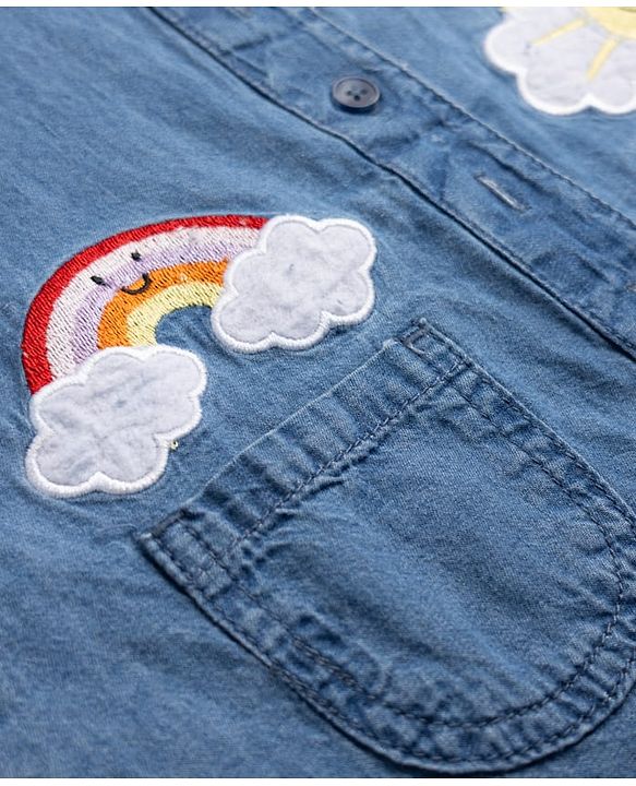 Babyhug Denim Woven Full Sleeves Shirt Dress with Rainbow & Sun Embroidery - Blue