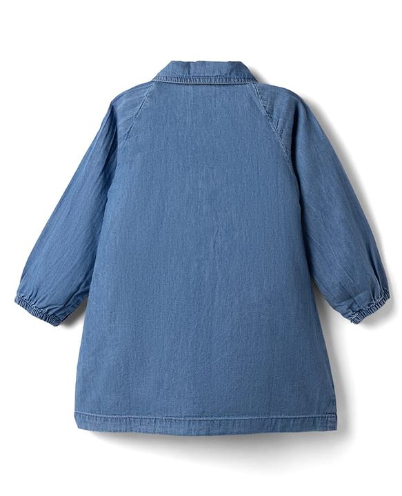 Babyhug Denim Woven Full Sleeves Shirt Dress with Rainbow & Sun Embroidery - Blue