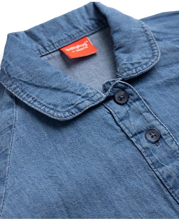 Babyhug Denim Woven Full Sleeves Shirt Dress with Rainbow & Sun Embroidery - Blue