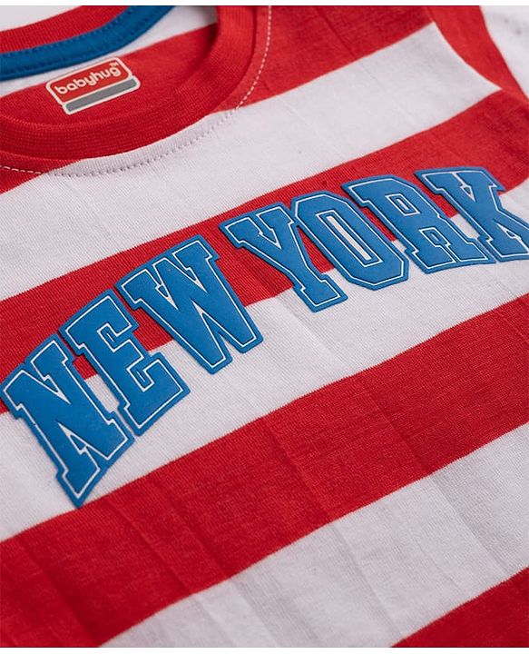Babyhug Single Jersey Knit Half Sleeves Striped T-Shirt & Shorts Set New York Print - Red & Blue