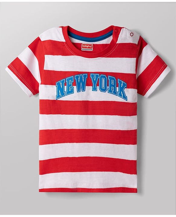 Babyhug Single Jersey Knit Half Sleeves Striped T-Shirt & Shorts Set New York Print - Red & Blue