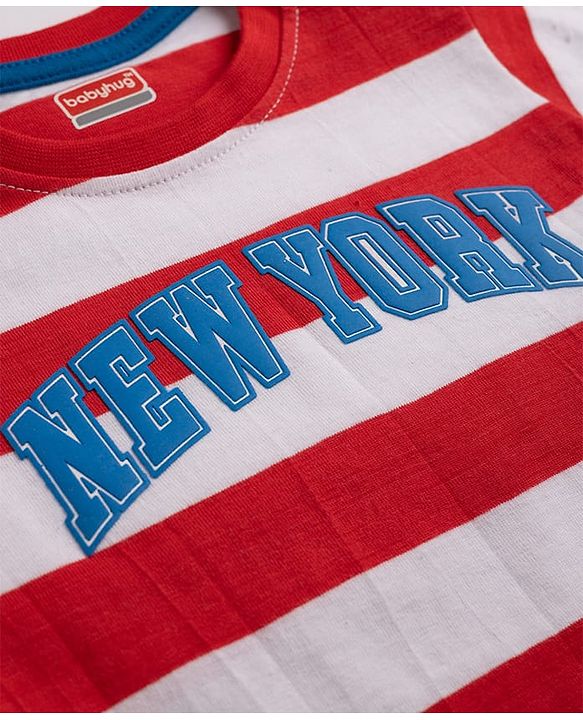 Babyhug Single Jersey Knit Half Sleeves Striped T-Shirt & Shorts Set New York Print - Red & Blue