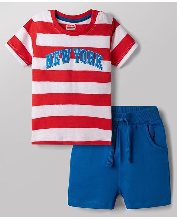 Babyhug Single Jersey Knit Half Sleeves Striped T-Shirt & Shorts Set New York Print - Red & Blue