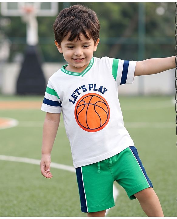 Babyhug 100% Cotton Single Jersey Knit Half Sleeves T-Shirt & Side Tape Shorts With Basket Ball - White