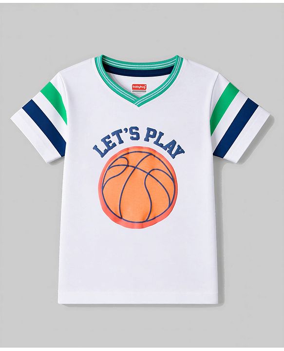 Babyhug 100% Cotton Single Jersey Knit Half Sleeves T-Shirt & Side Tape Shorts With Basket Ball - White