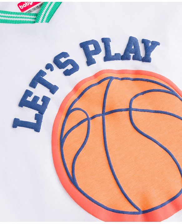 Babyhug 100% Cotton Single Jersey Knit Half Sleeves T-Shirt & Side Tape Shorts With Basket Ball - White