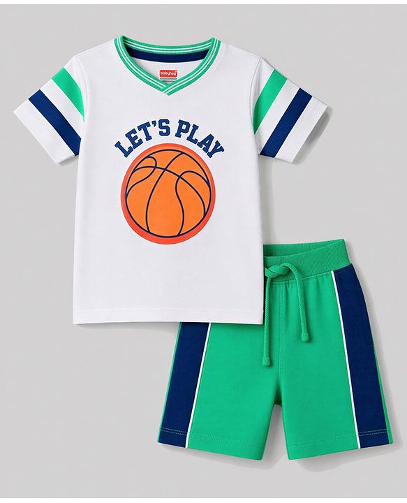 Babyhug 100% Cotton Single Jersey Knit Half Sleeves T-Shirt & Side Tape Shorts With Basket Ball - White
