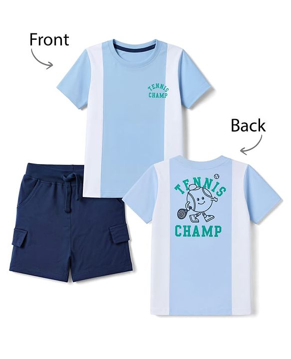 Babyhug 100% Cotton Single Jersey Knit Half Sleeves T-Shirt With Text Print & Shorts With Cargo Pockets - Blue