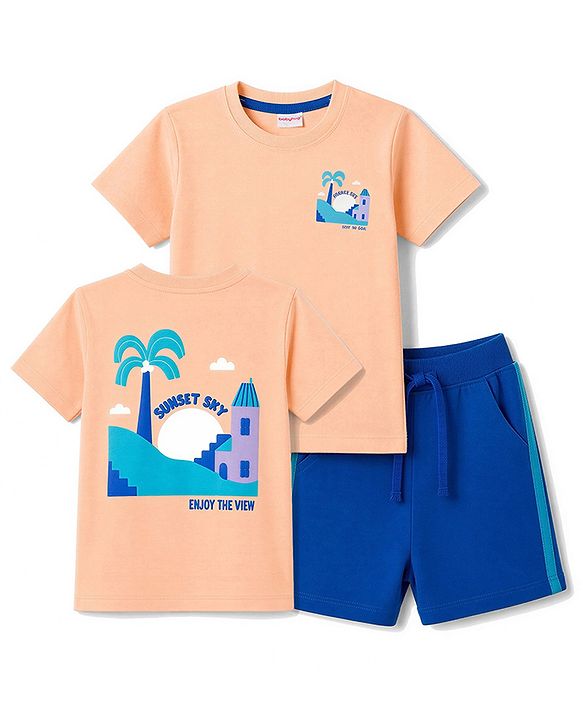 Babyhug 100% Cotton Single Jersey Knit Half Sleeves T-Shirt & Shorts With Tropical Print - Orange