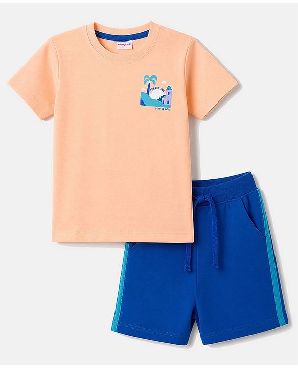Babyhug 100% Cotton Single Jersey Knit Half Sleeves T-Shirt & Shorts With Tropical Print - Orange