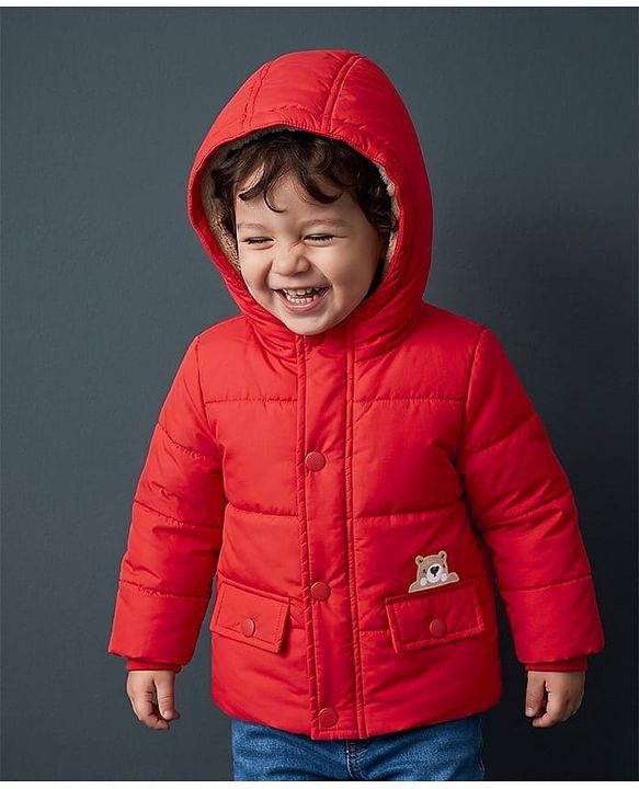 Babyhug Woven Full Sleeves Padded Hooded Jacket With Patch - Red