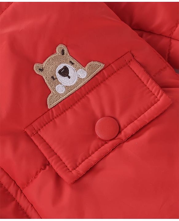 Babyhug Woven Full Sleeves Padded Hooded Jacket With Patch - Red