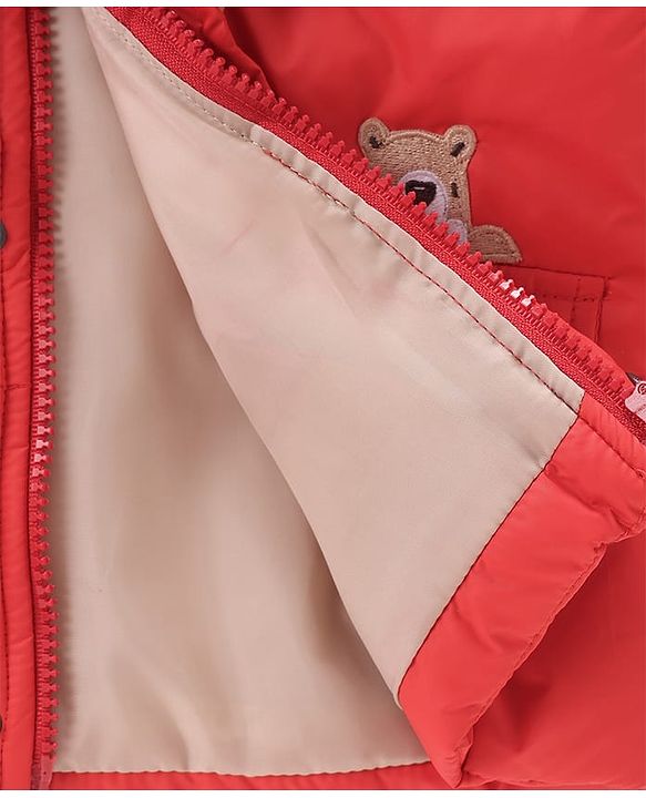 Babyhug Woven Full Sleeves Padded Hooded Jacket With Patch - Red