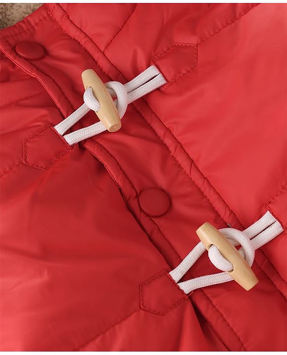 Babyhug Woven Full Sleeves Padded Hooded Jacket With Patch - Red