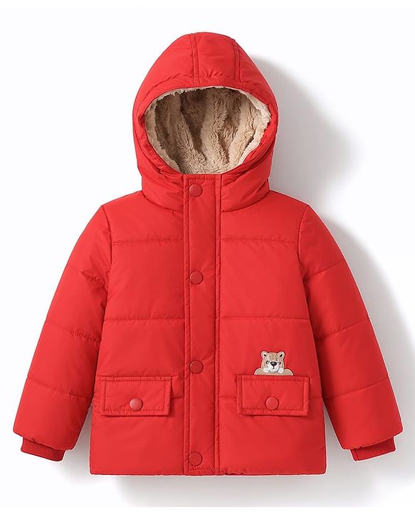 Babyhug Woven Full Sleeves Padded Hooded Jacket With Patch - Red
