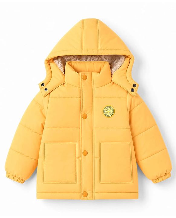 Babyhug Woven Full Sleeves Padded Hooded Jacket With Smiley Patch - Yellow