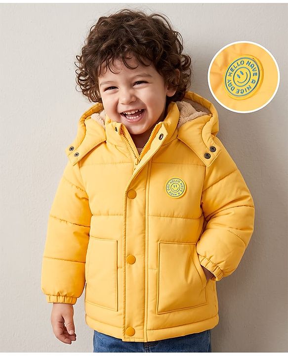 Babyhug Woven Full Sleeves Padded Hooded Jacket With Smiley Patch - Yellow