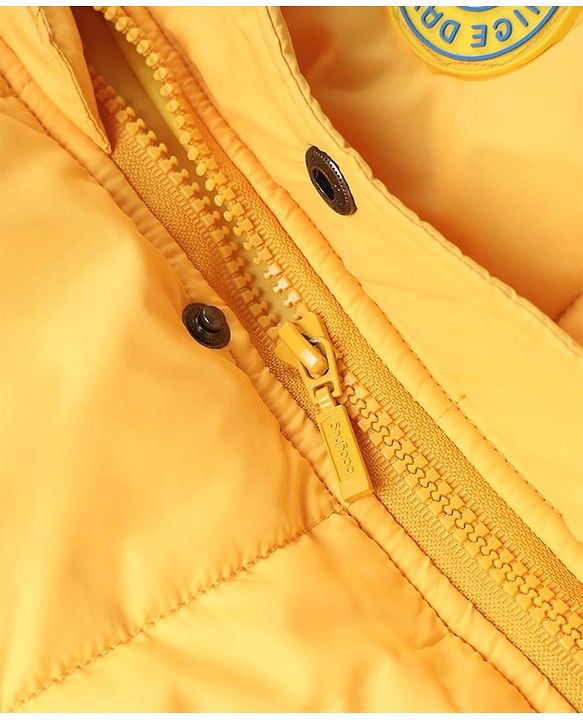 Babyhug Woven Full Sleeves Padded Hooded Jacket With Smiley Patch - Yellow