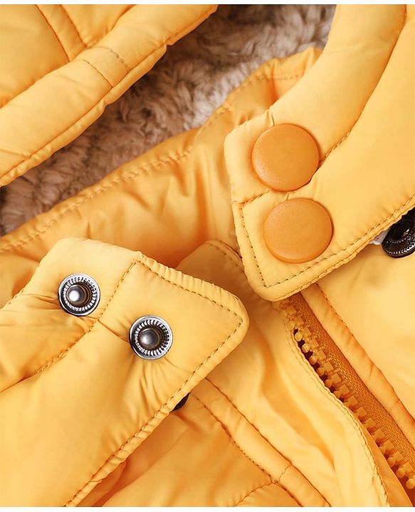 Babyhug Woven Full Sleeves Padded Hooded Jacket With Smiley Patch - Yellow