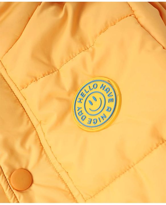 Babyhug Woven Full Sleeves Padded Hooded Jacket With Smiley Patch - Yellow
