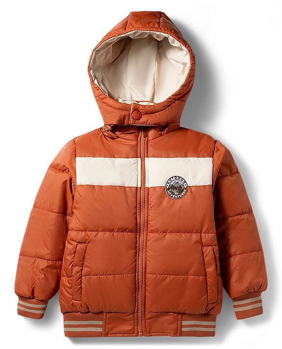 Babyhug Woven Full Sleeves Hooded Padded Jacket with Camping Patch - Brown