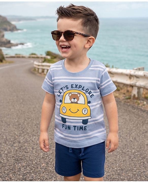 Babyhug Single Jersey Knit Half Sleeves Striped T-Shirt & Shorts Set Car Print -  Blue