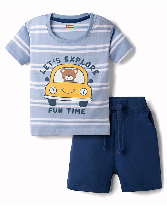 Babyhug Single Jersey Knit Half Sleeves Striped T-Shirt & Shorts Set Car Print -  Blue