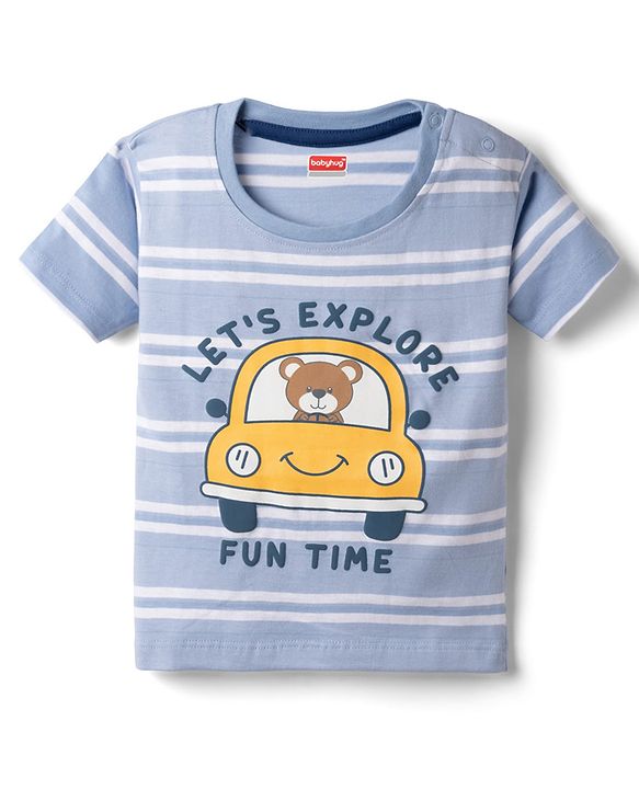 Babyhug Single Jersey Knit Half Sleeves Striped T-Shirt & Shorts Set Car Print -  Blue
