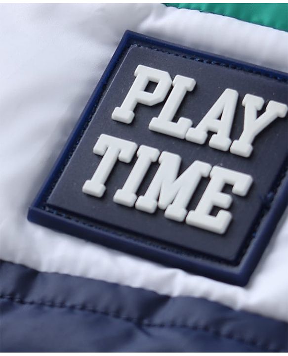 Babyhug Woven Full Sleeves Padded Hoodie with Play Time Patch - Navy Blue