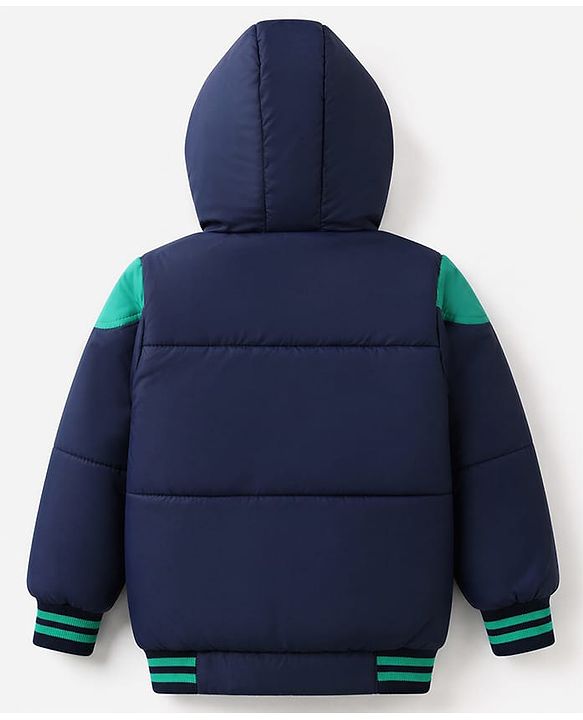 Babyhug Woven Full Sleeves Padded Hoodie with Play Time Patch - Navy Blue