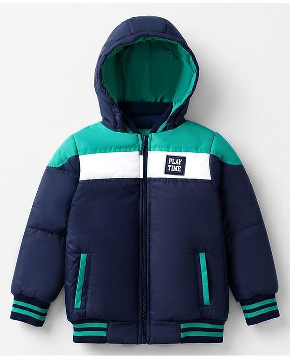 Babyhug Woven Full Sleeves Padded Hoodie with Play Time Patch - Navy Blue