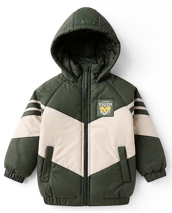 Babyhug Woven Hooded Jacket with Full Sleeves and Tiger Patch in Olive Green for 2-3 Years