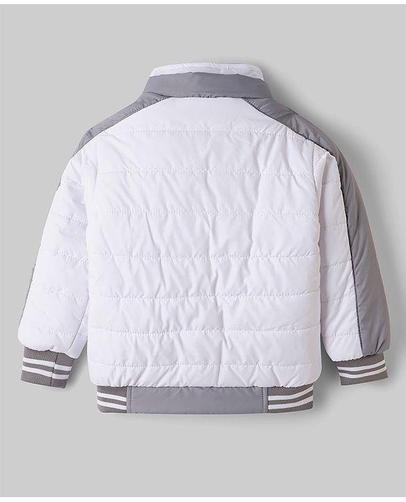 Babyhug Woven Full Sleeves Padded Jacket with Detachable Hood - White & Grey