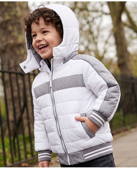 Babyhug Woven Full Sleeves Padded Jacket with Detachable Hood - White & Grey