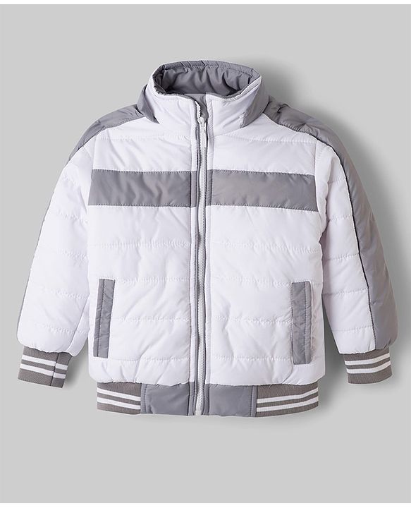 Babyhug Woven Full Sleeves Padded Jacket with Detachable Hood - White & Grey