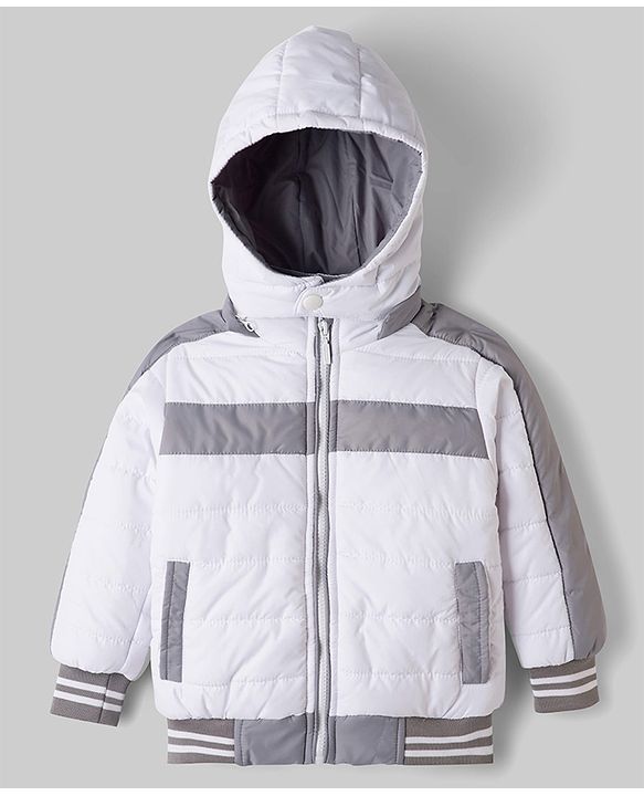 Babyhug Woven Full Sleeves Padded Jacket with Detachable Hood - White & Grey