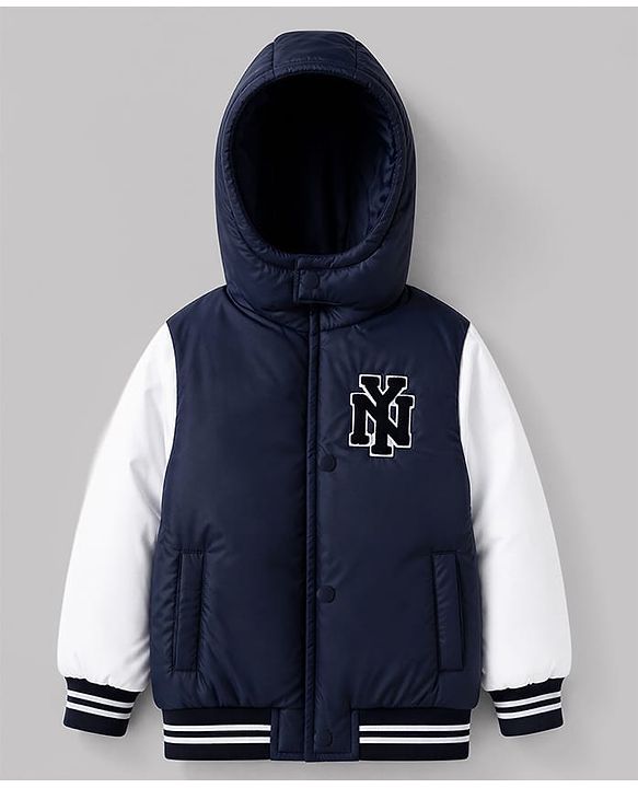 Babyhug Woven Hooded Jacket with Full Sleeves and Ny Applique - Navy Blue