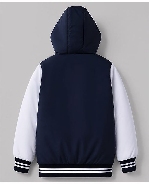 Babyhug Woven Hooded Jacket with Full Sleeves and Ny Applique - Navy Blue