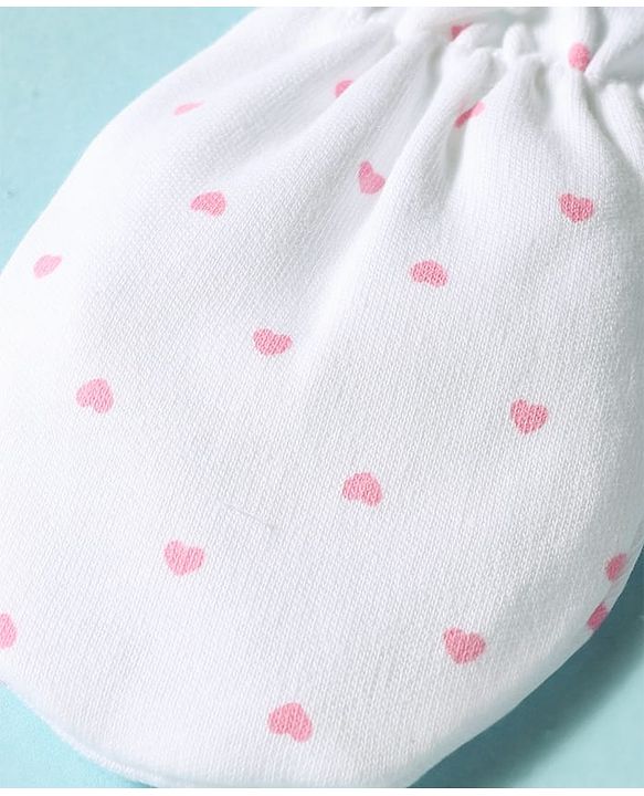 Babyhug 100% Cotton Knit Hearts Printed Mittens & Booties Set - White