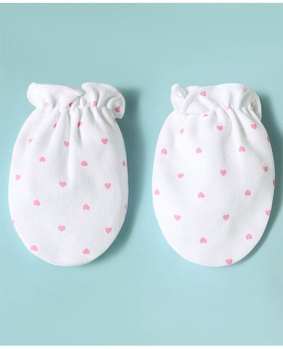 Babyhug 100% Cotton Knit Hearts Printed Mittens & Booties Set - White