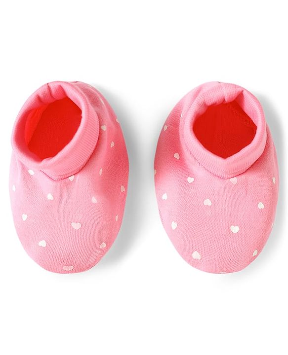 Babyhug 100% Cotton Knit Hearts Printed Mittens & Booties Set - Pink