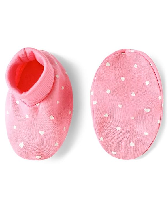 Babyhug 100% Cotton Knit Hearts Printed Mittens & Booties Set - Pink