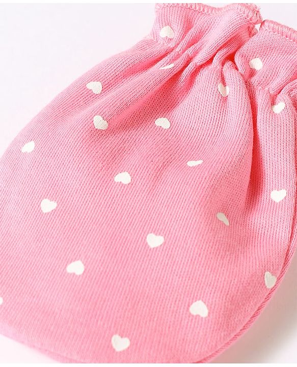 Babyhug 100% Cotton Knit Hearts Printed Mittens & Booties Set - Pink