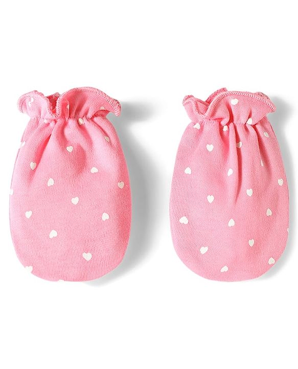 Babyhug 100% Cotton Knit Hearts Printed Mittens & Booties Set - Pink