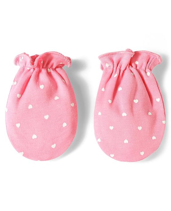 Babyhug 100% Cotton Knit Hearts Printed Mittens & Booties Set - Pink